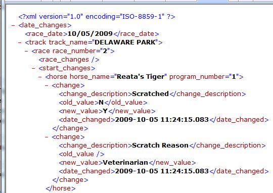Screenshot of Equibase XML DEL 10-05-2009